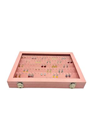 Camlı Küpe Koleksiyon Kutusu Süet Pembe
