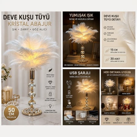 USB Şarjlı Deve Kuşu Tüyü Abajur 50 cm Kristal Taşlı Dekoratif Masa Lambası