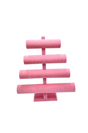 Bileklik Ve Takı Standı 4 Kademeli Pembe Süet