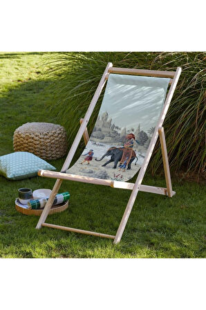 Otantik Manzara Tasarımlı Katlanır Şezlong (Ahşap Fırınlanmış Gürgen Ağacı, Süet Kumaş)