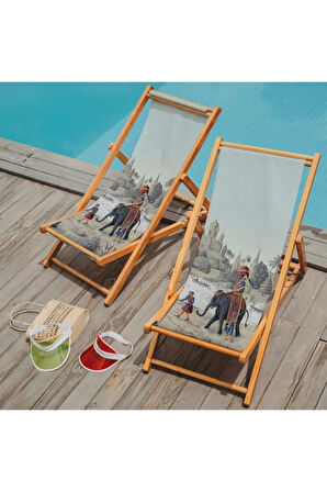 Otantik Manzara Tasarımlı Katlanır Şezlong (Ahşap Fırınlanmış Gürgen Ağacı, Süet Kumaş)