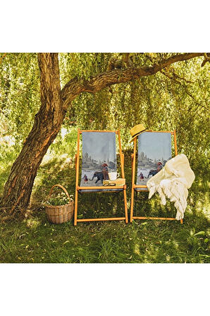 Otantik Manzara Tasarımlı Katlanır Şezlong (Ahşap Fırınlanmış Gürgen Ağacı, Süet Kumaş)