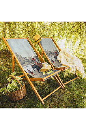 Otantik Manzara Tasarımlı Katlanır Şezlong (Ahşap Fırınlanmış Gürgen Ağacı, Süet Kumaş)