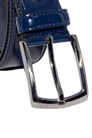 3.5 cm. Klasik Suni Deri Düz Renk Rugan Kemer Lacivert