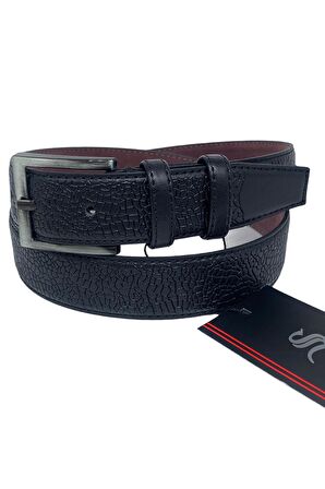 Siyah Çocuk Boy Suni Deri Damar Desenli Model 3 cm.lik Klasik Kemer - G63-23TM