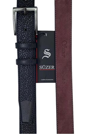 Siyah Çocuk Boy Suni Deri Damar Desenli Model 3 cm.lik Klasik Kemer - G63-23TM