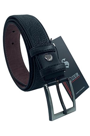 Siyah Çocuk Boy Suni Deri Damar Desenli Model 3 cm.lik Klasik Kemer - G63-23TM