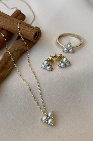 Birinci1926 14 Ayar Altın Kadın Tria Üç İncili Üçgen Set