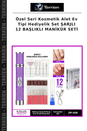 Özel Seri Kozmetik Alet Ev Tipi Hediyelik Set ŞARJLI 12 BAŞLIKLI MANİKÜR SETİ
