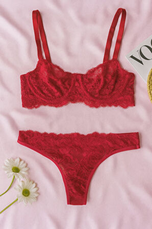 Kırmızı Dantel Bralet & Külot İç Giyim Takımı