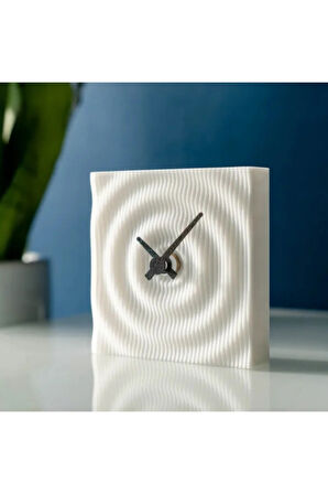 Modern Dalgalar 3D Baskı Masa Saati | Beyaz Minimalist Dekoratif Saat (10x10 cm)