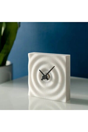 Modern Dalgalar 3D Baskı Masa Saati | Beyaz Minimalist Dekoratif Saat (10x10 cm)