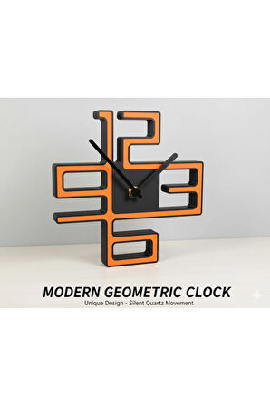 Modern Geometrik Masa Saati - Sessiz Akar Mekanizma - 3D Baskı Turuncu/Siyah Tasarım