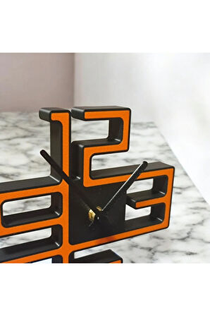 Modern Geometrik Masa Saati - Sessiz Akar Mekanizma - 3D Baskı Turuncu/Siyah Tasarım
