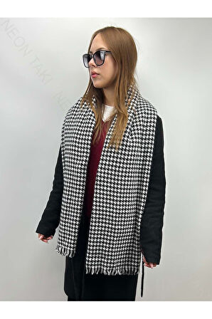 Siyah Beyaz Desenli, Şal Atkı 1, 180cm(PÜSKÜLLER DAHİL)x 72cm