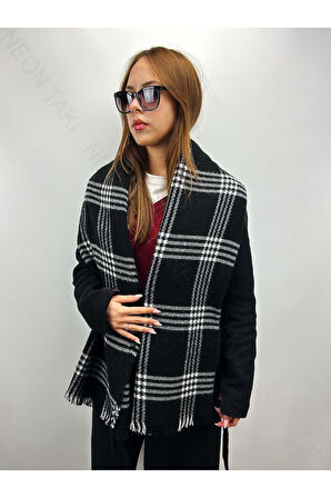 Siyah Fonda Beyaz Desenli, Şal Atkı 4, 180cm(PÜSKÜLLER DAHİL)x70cm