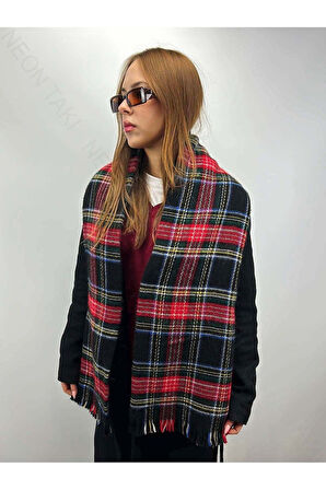 Siyah Fonda Çok Renkli, Şal Atkı 6, 180cm(PÜSKÜLLER DAHİL)x70cm