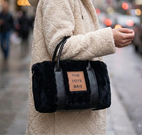 Salmore Kadın Siyah Totebag Peluş Dokulu, El ve Omuz Çantası 