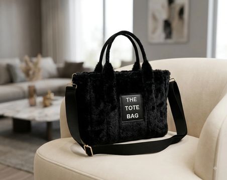 Salmore Kadın Siyah Totebag Peluş Dokulu, El ve Omuz Çantası 
