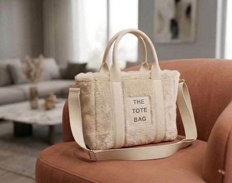 Salmore Kadın Açık Krem Totebag Peluş Dokulu, El ve Omuz Çantası 