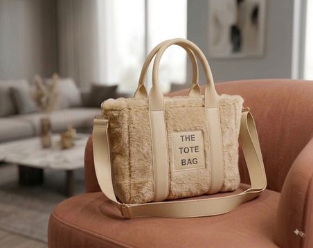 Salmore Kadın Krem Totebag Peluş Dokulu, El ve Omuz Çantası 