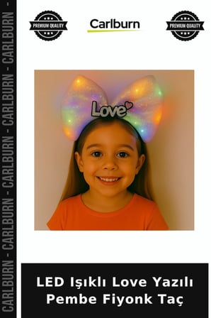 LED Işıklı Love Yazılı Pembe Fiyonk Taç Kostüm Tacı Parti Detayı Kutlama Eşyası