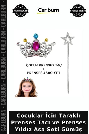 Çocuklar İçin Taraklı Prenses Tacı ve Prenses Yıldız Asa Seti Gümüş Hatıra Hediye