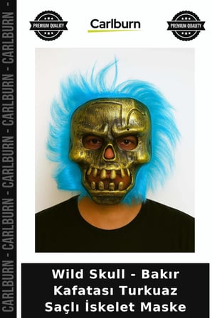 Wild Skull - Bakır Kafatası Turkuaz Saçlı İskelet Maske Farklı Parti Objesi Görsel Obje Tema Ürünü