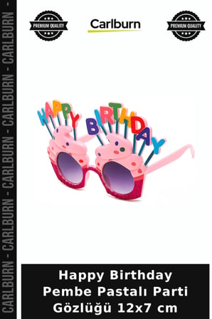 Happy Birthday Pembe Pastalı Parti Gözlüğü 12x7 cm Kutlama Aksesuarı Eğlence Eşyası Doğum Günü Süsü