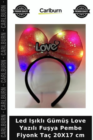 Led Işıklı Gümüş Love Yazılı Fuşya Pembe Fiyonk Taç 20X17 cm Eğlence Hediyesi Kıyafet Tamamlayıcısı