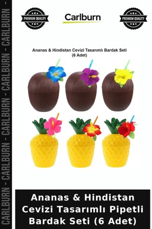 Ananas & Hindistan Cevizi Tasarımlı Pipetli Bardak Seti (6 Adet) Parti Konsepti Görsel Şölen