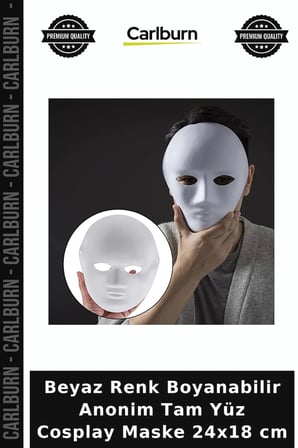 Beyaz Renk Boyanabilir Anonim Tam Yüz Cosplay Maske 24x18 cm Sunum Ürünü