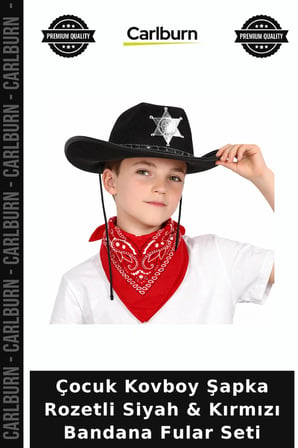 Çocuk Kovboy Şapka Rozetli Siyah & Kırmızı Bandana Fular Seti Gösteri Giysisi Günlük Eğlence