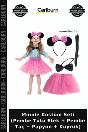 Minnie Kostüm Seti (Pembe Tütü Etek + Pembe Taç + Papyon + Kuyruk) Parti Kıyafeti Kombin Etkinlik