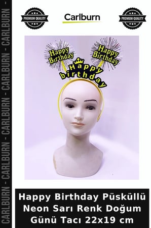 Happy Birthday Püsküllü Neon Sarı Renk Doğum Günü Tacı 22x19 cm Eğlence Detayı Etkinlik Süsü