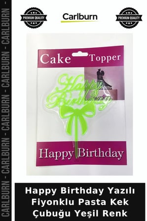 Happy Birthday Yazılı Fiyonklu Pasta Kek Çubuğu Yeşil Renk Kutlama Ürünleri Parti Malzemeleri