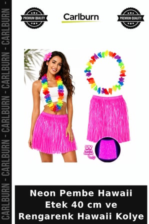 Neon Pembe Hawaii Etek 40 cm ve Rengarenk Hawaii Kolye Göz Alıcı Festival Gösteri