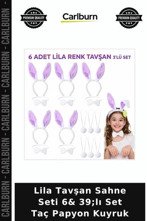 Lila Tavşan Sahne Seti 6& 39;lı Set Taç Papyon Kuyruk Çocuk Kostümü Kostüm Parçası Parti Aksesuarı