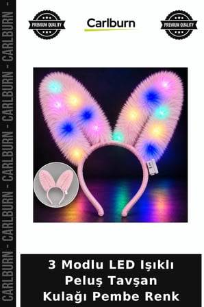 3 Modlu LED Işıklı Peluş Tavşan Kulağı Pembe Renk Festival Aksesuarı Hediyelik Taç Eğlence Tacı