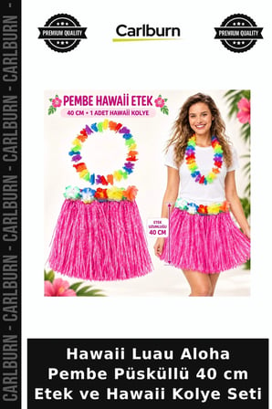 Hawaii Luau Aloha Pembe Püsküllü 40 cm Etek ve Hawaii Kolye Seti Açık Hava Dans Gösterisi Kutlama