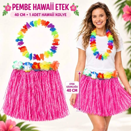 Hawaii Luau Aloha Pembe Püsküllü 40 cm Etek ve Hawaii Kolye Seti Açık Hava Dans Gösterisi Kutlama