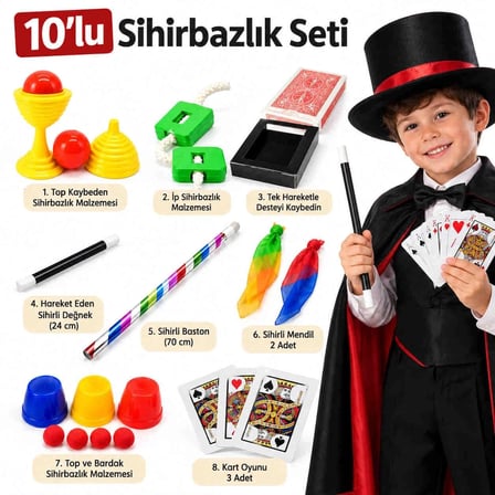 Premium 10 Parçalı Çocuk Sihirbazlık Seti Eğlence Aracı Oyun Kiti Beceri Oyunu