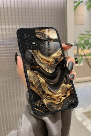 Samsung Galaxy A13 Uyumlu Siyah&Altın Mermer Tasarımlı Parlak Silikon Kılıf