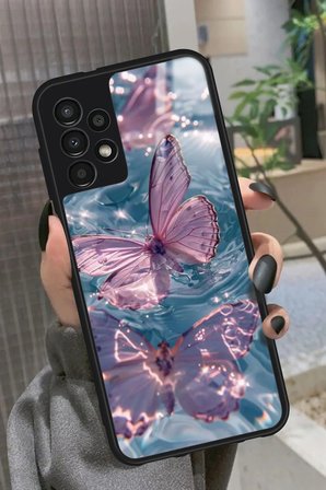 Samsung Galaxy A13 Uyumlu Pembe Kelebek Tasarımlı Parlak Silikon Kılıf