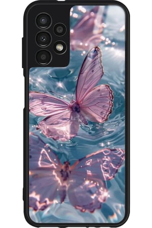 Samsung Galaxy A13 Uyumlu Pembe Kelebek Tasarımlı Parlak Silikon Kılıf