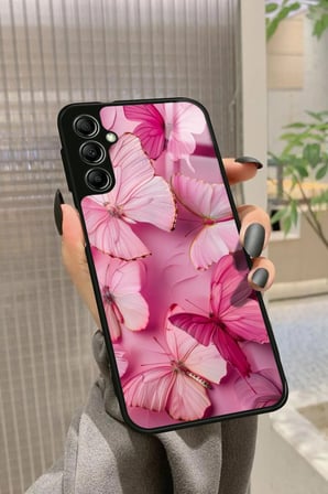 Samsung Galaxy A14 Uyumlu Pembe Kelebek Tasarımlı Parlak Silikon Kılıf