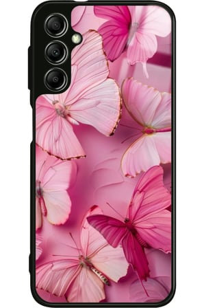 Samsung Galaxy A14 Uyumlu Pembe Kelebek Tasarımlı Parlak Silikon Kılıf