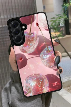 Samsung Galaxy A26 Uyumlu Simli Kiraz Tasarımlı Parlak Silikon Kılıf