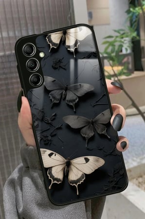 Samsung Galaxy A34 Uyumlu Siyah Kelebek Tasarımlı Parlak Silikon Kılıf