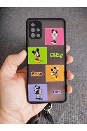 Samsung Galaxy A52 Mickey Mouse Tasarım Tuşları Renkli Hux Telefon Boyun Askılı Set Kılıf